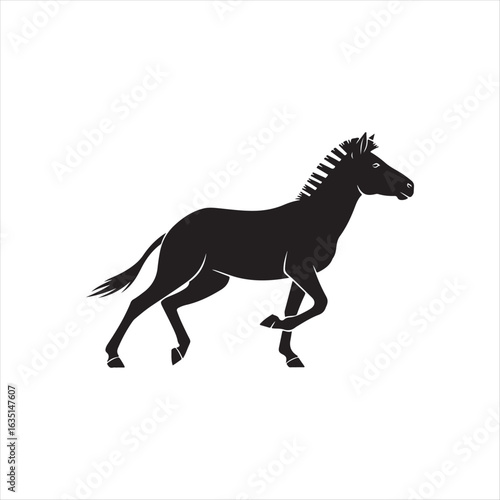 Silhouette of a running zebra with a flowing mane and tail black white