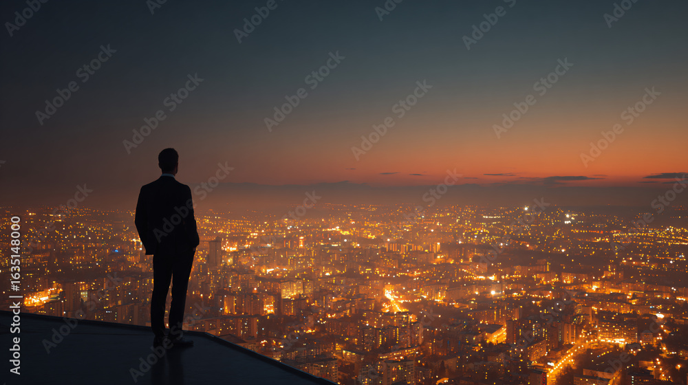 Fototapeta premium Businessman Overlooking City Skyline at Dusk, Urban Landscape, Thoughtful Perspective