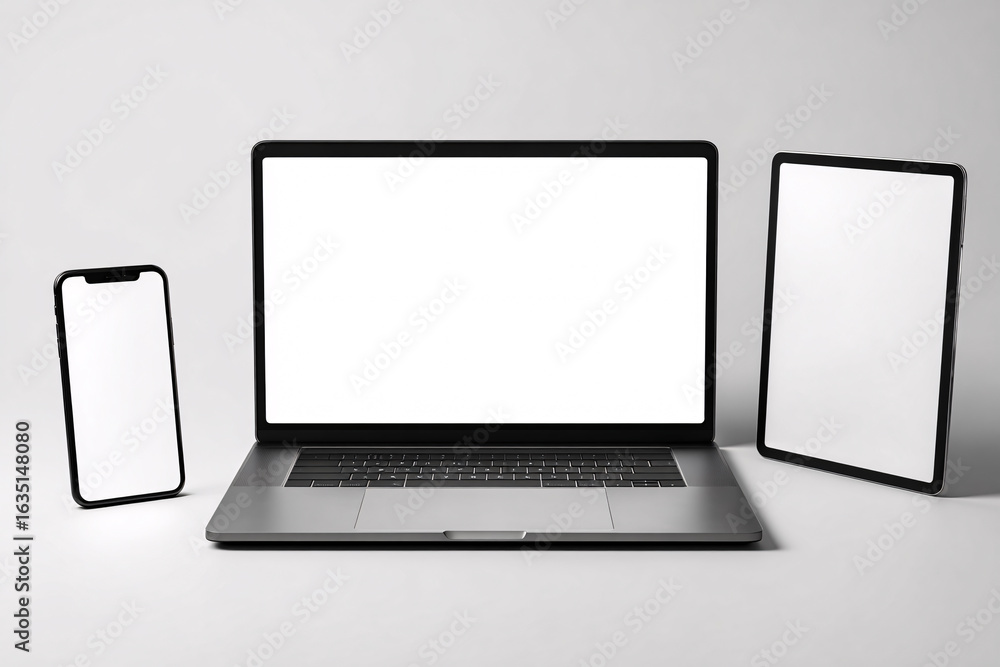 Fototapeta premium Laptop, Tablet, and Smartphone on a Minimalist Background