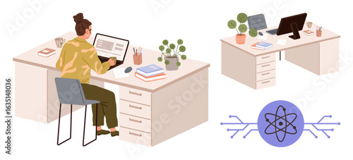 Woman working on laptop at desk with plants, stationery, and books. Adjacent tidy desks and atomic icon convey concepts of productivity, science, research, balance, innovation, learning connection