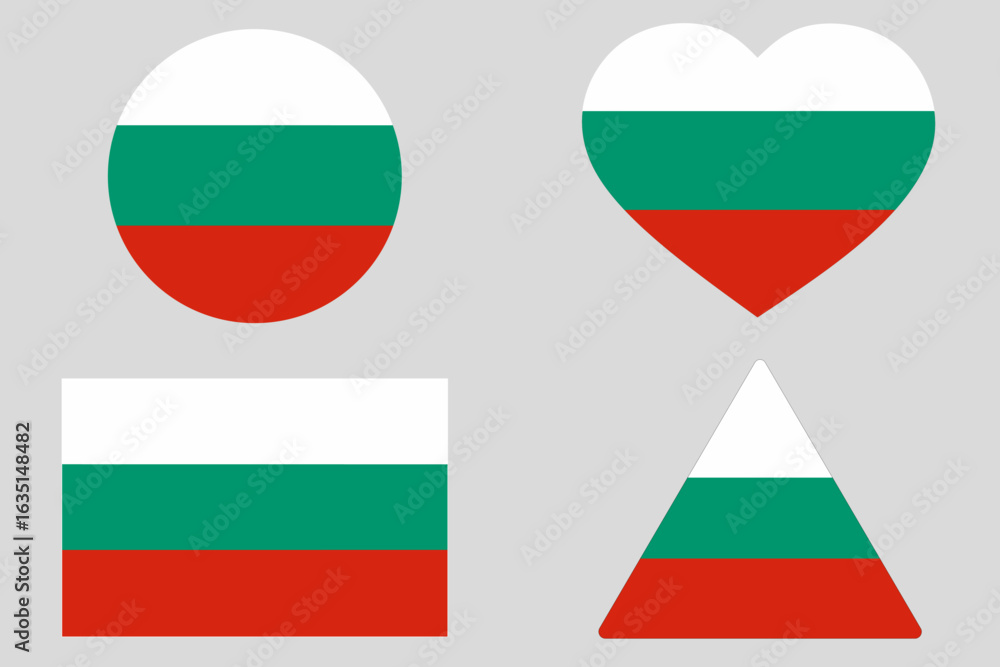 Obraz premium Set of Bulgaria national flags in circle, heart, square, and triangle shapes. Official standard colors. Perfect for education, infographics, national day, politics, or cultural identity design.