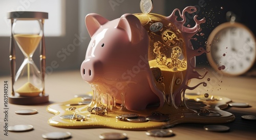 piggy bank melting into puddle of time 3D concept of saving and wasting