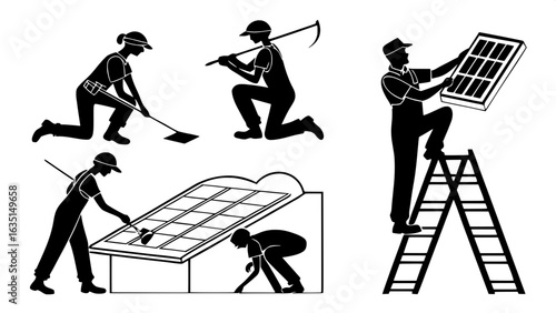 "Minimalist icon set in black silhouettes showing various worker poses during solar panel setup and inspection, including tools, teamwork, and infrastructure, on a clean white canvas."
