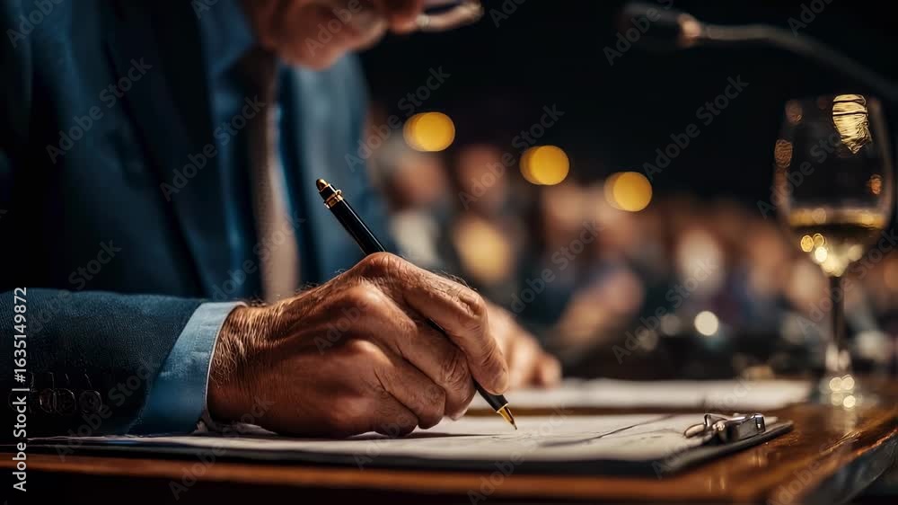 Experienced auctioneer wearing glasses writing down bids at a classic ...