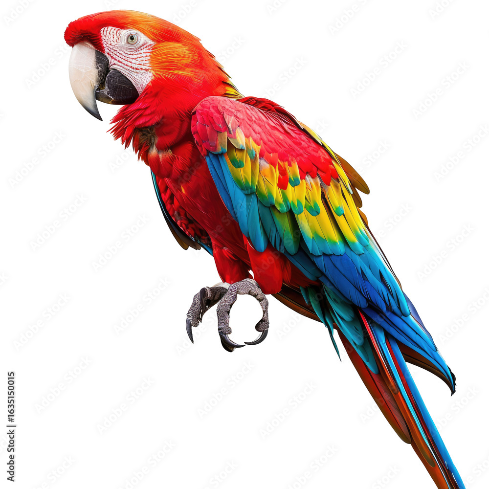 Obraz premium Vibrant macaw perched, profile view. Colorful parrot with red, blue, yellow, and green plumage. Sharp focus on the bird's details. Dark background isolates the subject