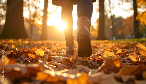 Walking Through Autumn Leaves at Sunset in a Park