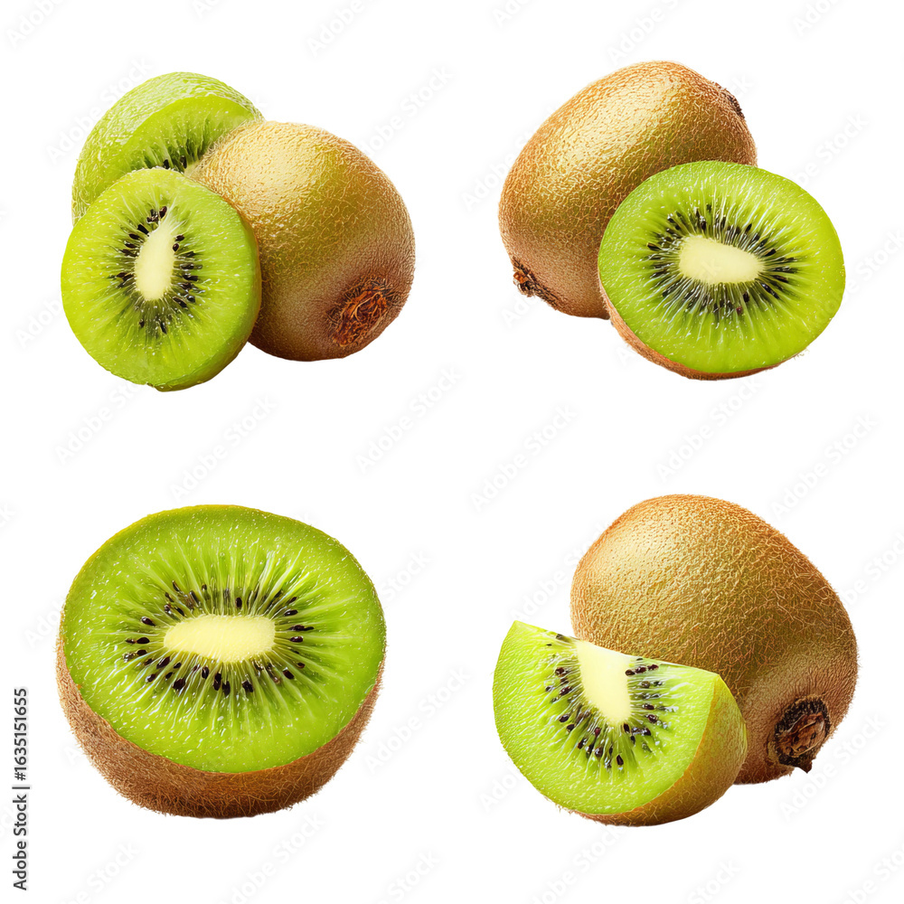 Fototapeta premium Kiwi Fruit Collection: A delectable quartet showcases the vibrant green flesh and brown skin of the kiwi fruit, perfect for culinary creations and promoting healthy eating.