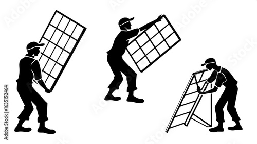 "Clean, simple vector-style silhouettes of workers handling solar equipment outdoors, presented in a monochrome black-and-white theme with uniform spacing and layout."