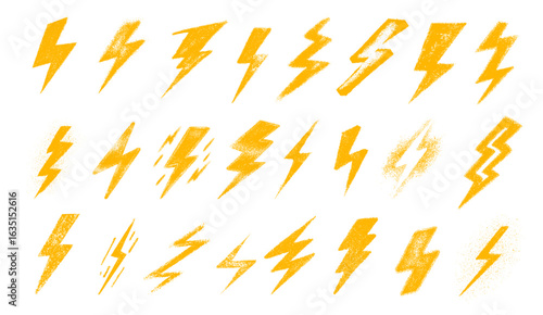 Сrayon lightning icons set. Energy, power and speed symbol with grunge texture. Storm flash vector illustration