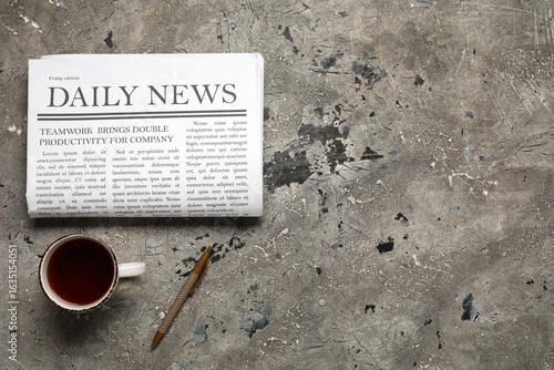 Newspaper with pen and cup ...