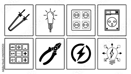 "A minimalist black-and-white grid of twelve electrical icons: silhouettes of wire cutters, plug, outlet, lightbulb, multimeter, fuse, light switch, door switch, schematic wiring diagram, compass, lig