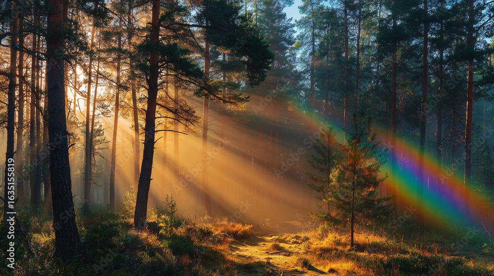 Obraz premium Golden forest sun rays with vibrant rainbow beam at dawn