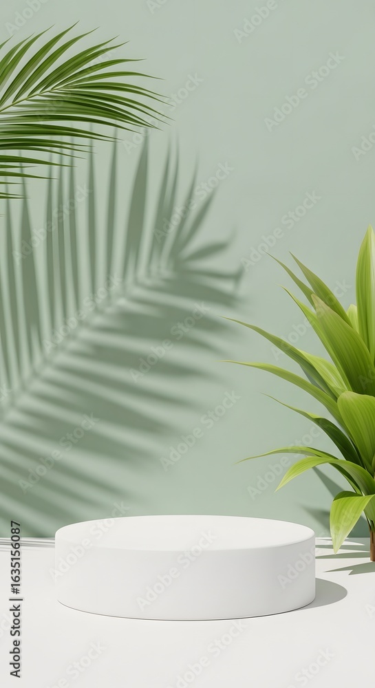 Obraz premium White cylindrical podium with a tropical palm leaf casting a shadow on a light green wall.