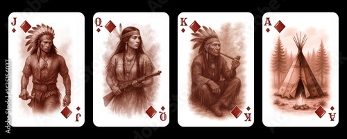 Set of playing cards of the suit of diamonds for a deck of cards in the style of the Wild West. Vintage monochrome illustration set for the design of playing cards in a Western setting.
