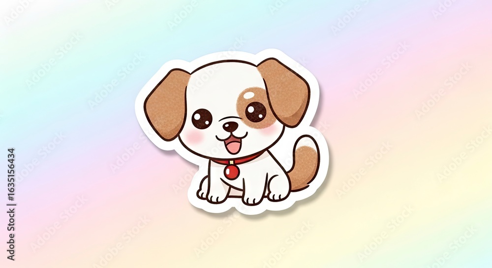 Obraz premium Cartoon puppy with a red collar sitting on a colorful background