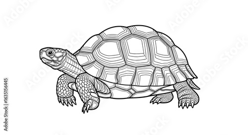 Detailed monochrome illustration of a Galapagos tortoise with intricate shell pattern