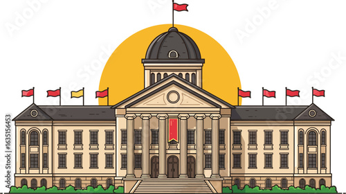 Majestic Government Building with Flags Flying Proudly Under a Golden Sun Evokes a Sense of Authority and National Pride