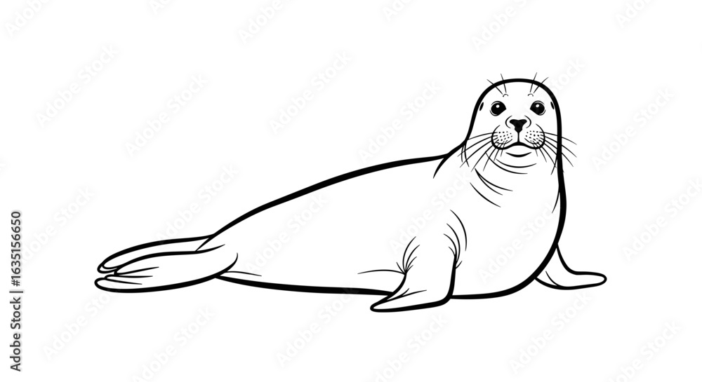 Obraz premium Line drawing of a friendly seal lying on a white surface.