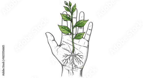 Hand supporting plant growth, conveying concept of care, nurture, sustainability.