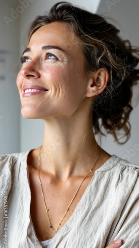 Woman gazing upward indoors with contentment and thoughtfulness
