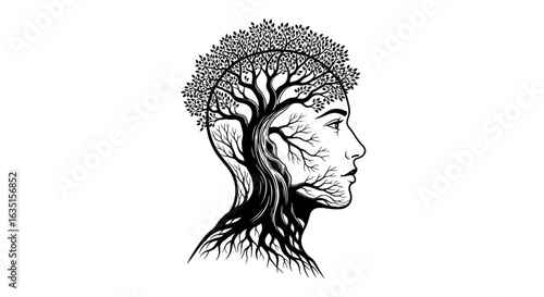 Woman's Profile Blended with Tree: Nature and Human Connection Art