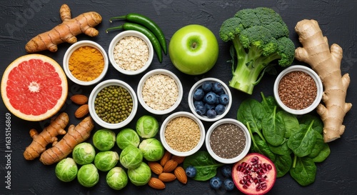 Photo of a vibrant overhead flat lay of healthy foods including fruits, vegetables, nuts, seeds, and spices, arranged on a dark background