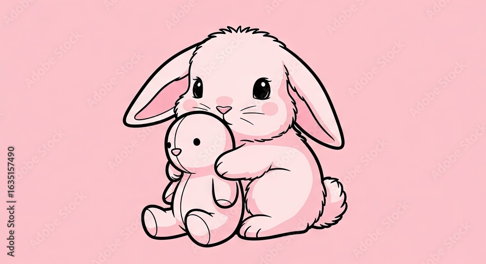 Fototapeta premium Pink bunny hugging a teddy bear on a pink background