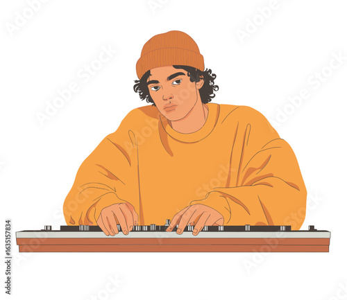 Modern flat illustration of a hipster male disc jockey in a hat and headphones, mixing music on a controller, alongside a smiling cute DJ playing electronic sound on a console, isolated on white,