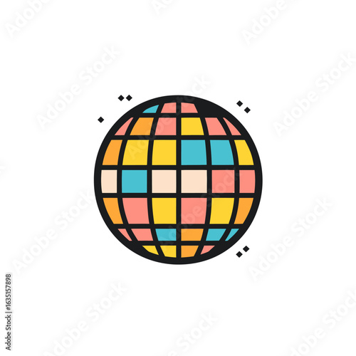 The disco ball, a piece of disco equipment, includes mirrored and colored elements that reflect light and functions as a retro decorative element, shown in this instance as a flat icon with an