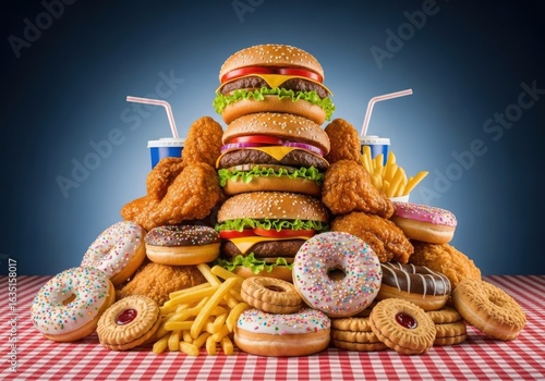 Photo of a large pile of fast food including burgers, fried chicken, french fries, and donuts, suggesting unhealthy eating habits