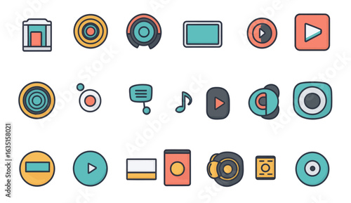 A modern illustration featuring a cinema color icon set and various multimedia devices for audio content, photo, and video, along with a music digital equalizer, gamepad, microphone, headphones,