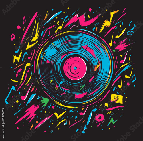 The design of this sticker features a colorful record silhouette in modern style with flat colors, placed against a backdrop of abstract grunge, resulting in a bold and rebellious appearance