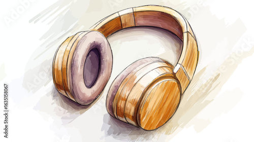 The headphones, illustrated in a stylized way, feature a brown and gray color scheme and are positioned flat on a beige surface