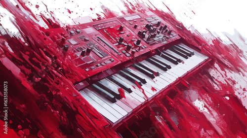 A plain background serves as the setting for an illustration of a red synthesizer keyboard