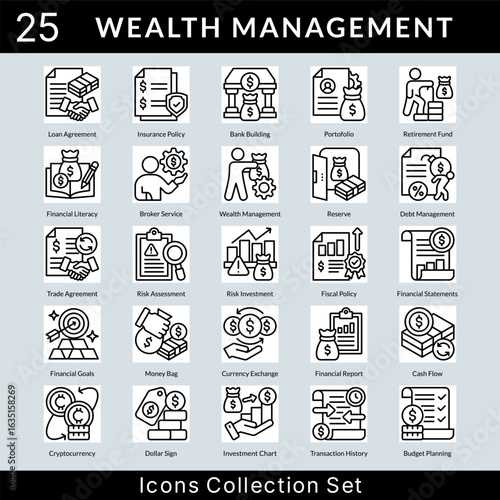 Wealth Management icon set collection in outline style. an icon pack contain portofolio, retirement fund, financial literacy, broker service, wealth, reserve, debt management, trade agreement