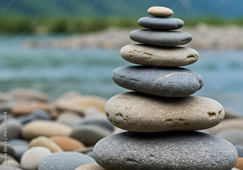 A carefully balanced stack of smooth stones, symbolizing peace and harmony, near a river. A carefully balanced stack of smooth stones, symbolizing peace and harmony, near a river.