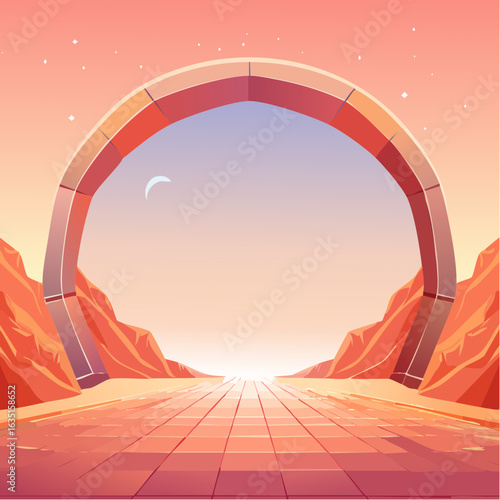 Futuristic archway serving as a portal in a desert canyon on an alien planet under a twilight sky.