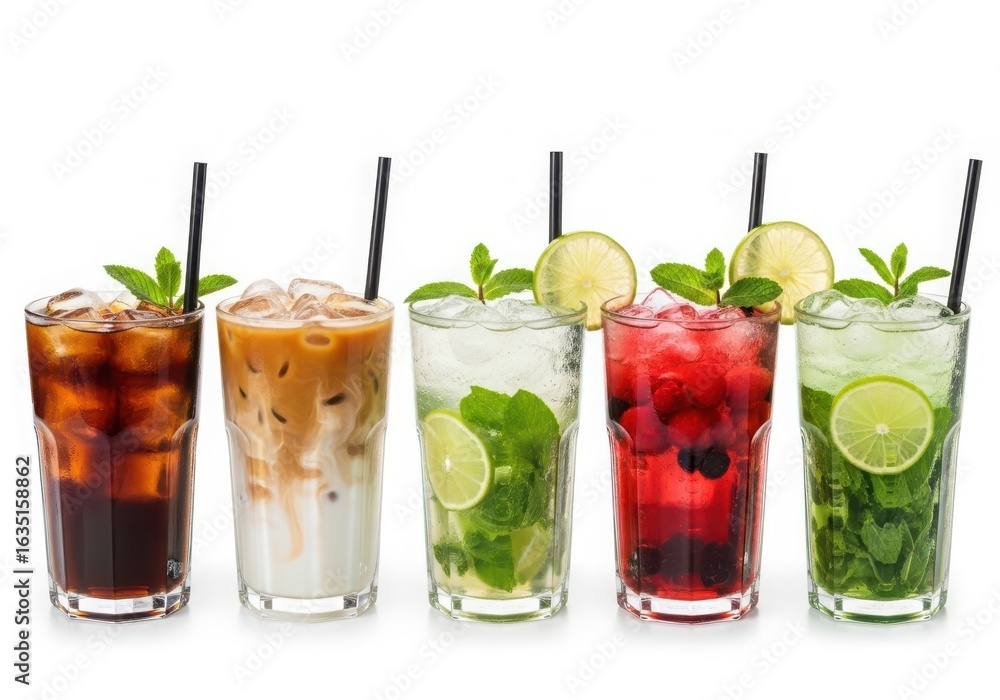 Fototapeta premium Photo of a refreshing collection of five colorful iced drinks with mint and fruit garnishes, isolated on white background