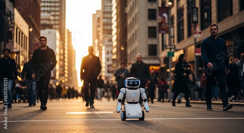 Futuristic Robot Navigates Busy City Street at Sunset