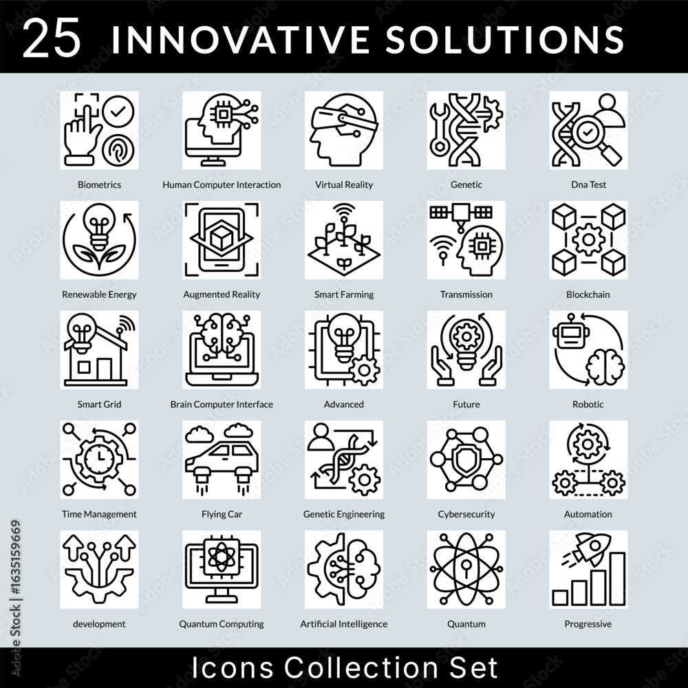 Fototapeta premium Innovative Solutions icon set collection in outline style. an icon pack contain biometrics, human, computer, interaction, virtual reality, genetic, dna test, renewable energy, augmented reality