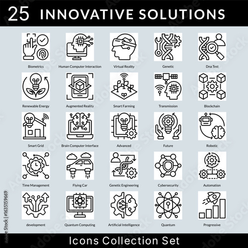 Innovative Solutions icon set collection in outline style. an icon pack contain biometrics, human, computer, interaction, virtual reality, genetic, dna test, renewable energy, augmented reality