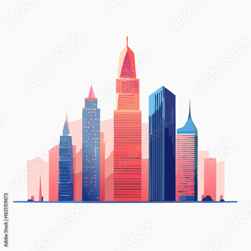 Vector illustration of a modern city skyline with colorful futuristic skyscrapers and abstract architectural design.