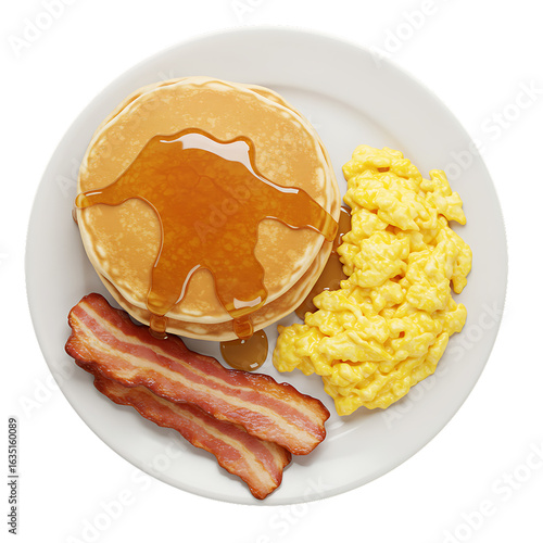 Overhead view of pancakes with syrup, scrambled eggs, and bacon on a white plate for breakfast on transparent background