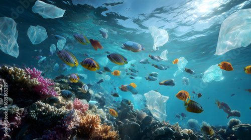 Underwater contrast of marine beauty and plastic waste