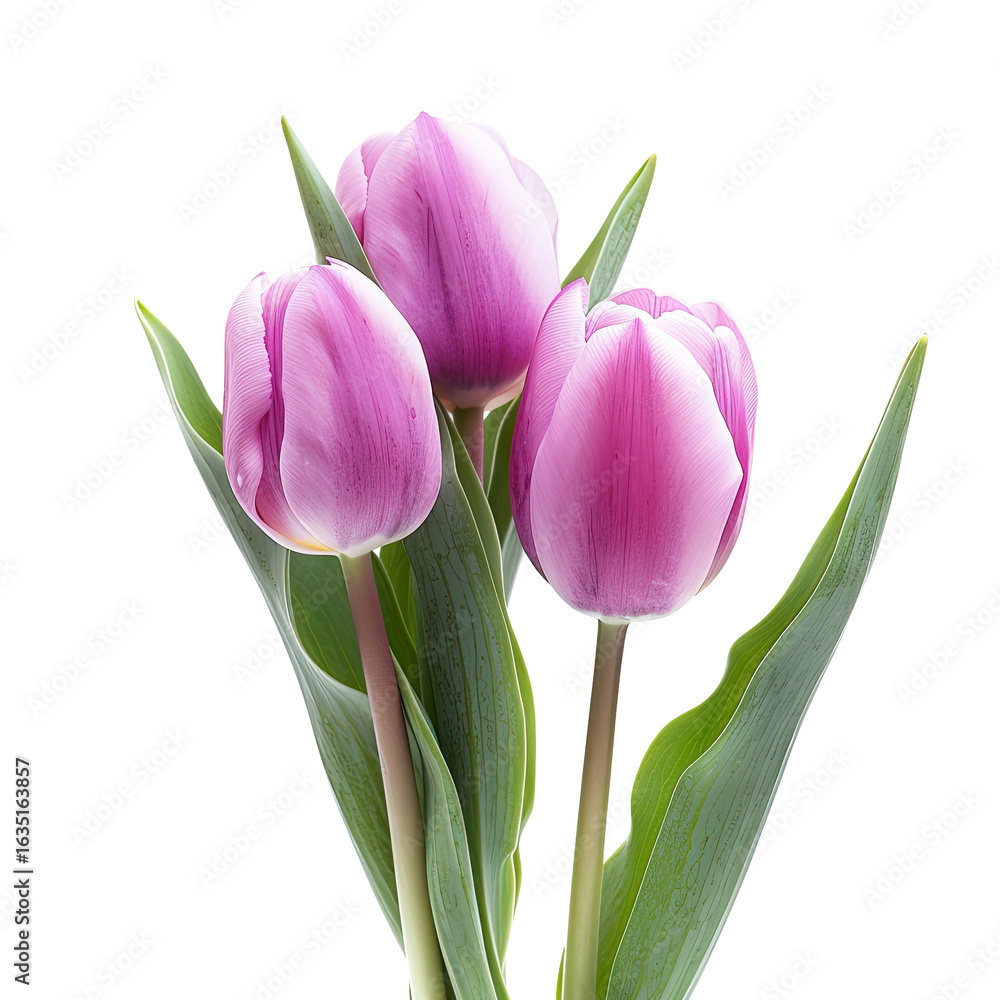 Fototapeta premium Close-up of three vibrant pink tulips. Their petals are soft and slightly overlapping, showcasing a gradient of light pink to a deeper hue. 
