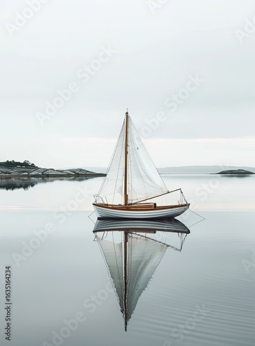 Serene sailboat at anchor, calm coastal waters, misty morning, tranquil scene, ideal for travel brochures
