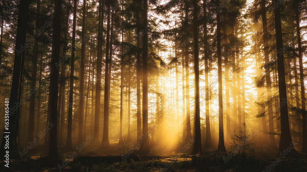 Obraz premium Golden morning light in misty pine woodland