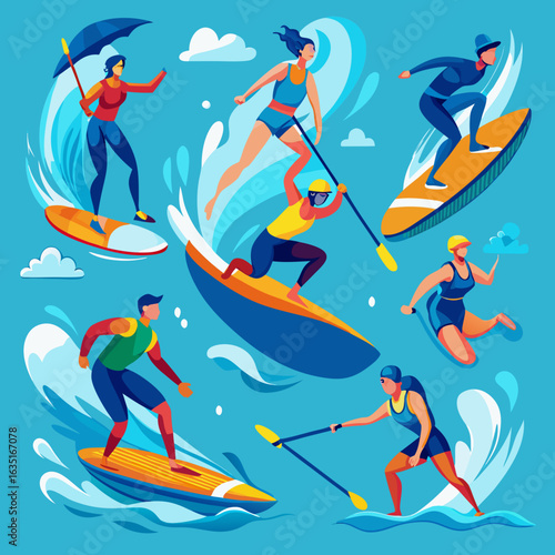 Diverse group of people enjoying various water sports on surfboards and paddleboards with dynamic waves and splashes