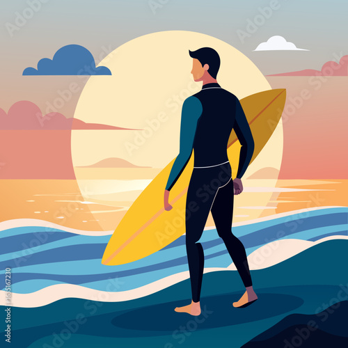 Surfer in wetsuit holding yellow surfboard walking towards the ocean at sunset with sun and clouds