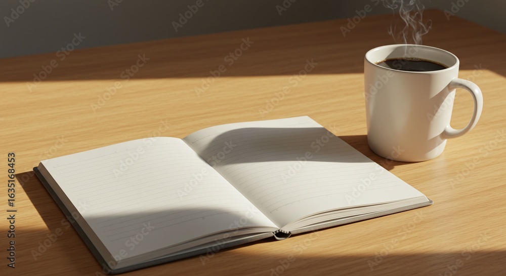 Fototapeta premium A mindful morning ritual with a steaming mug of black coffee and an empty notebook on a sunlit wooden desk, a peaceful concept for study.